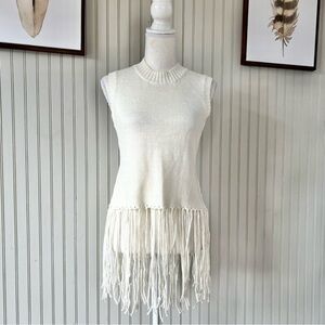 Renamed Mock Neck Knit Ivory Sleeveless Fringe Trim Sweater Top
